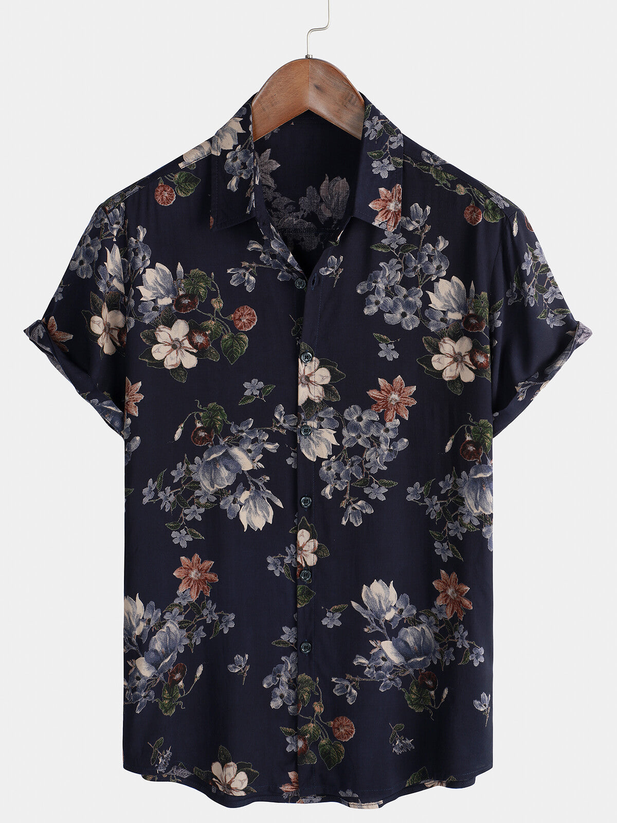 Camisa de manga corta con estampado floral vintage azul marino para hombre
