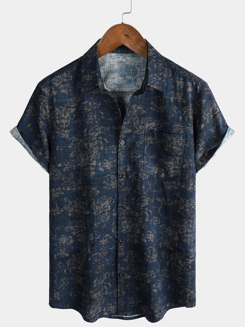 Camisa de manga corta con bolsillo y estampado floral retro de verano para hombre