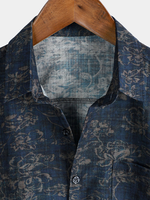 Camisa de manga corta con bolsillo y estampado floral retro de verano para hombre