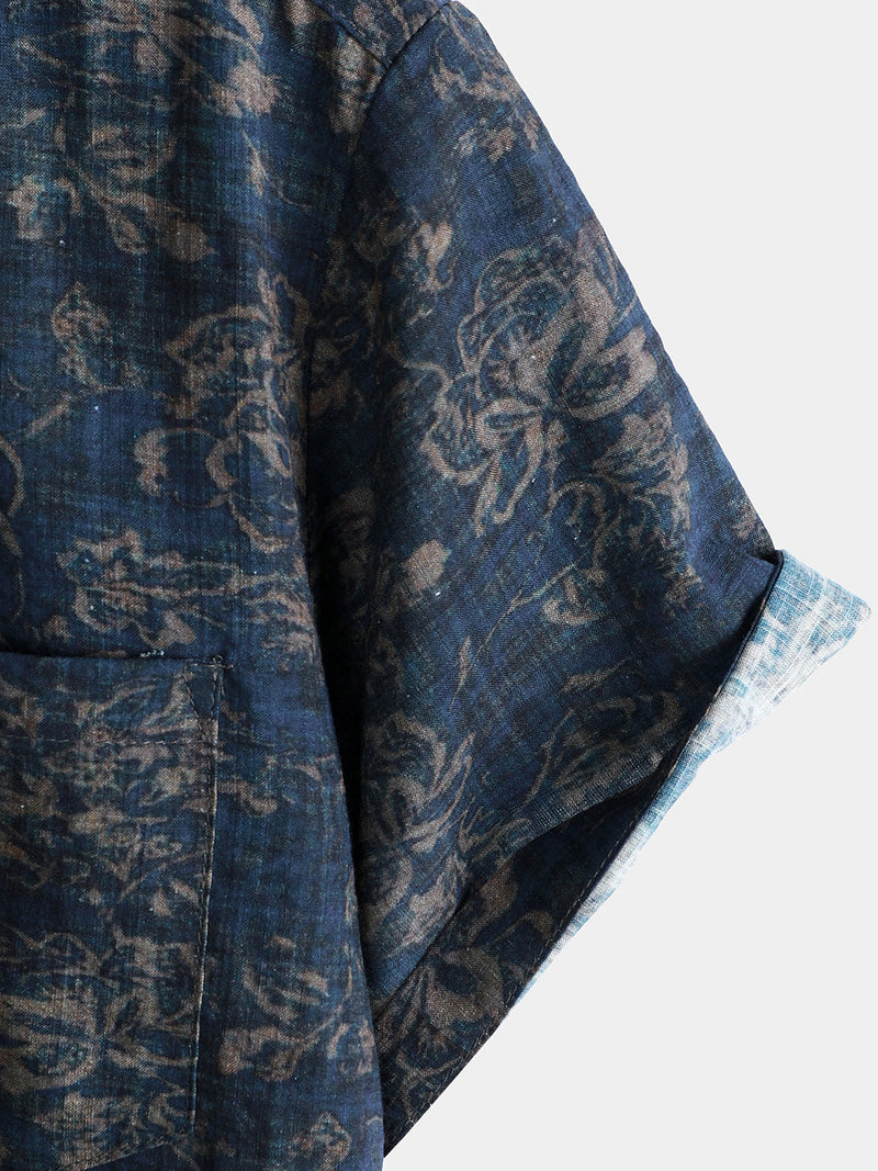 Camisa de manga corta con bolsillo y estampado floral retro de verano para hombre