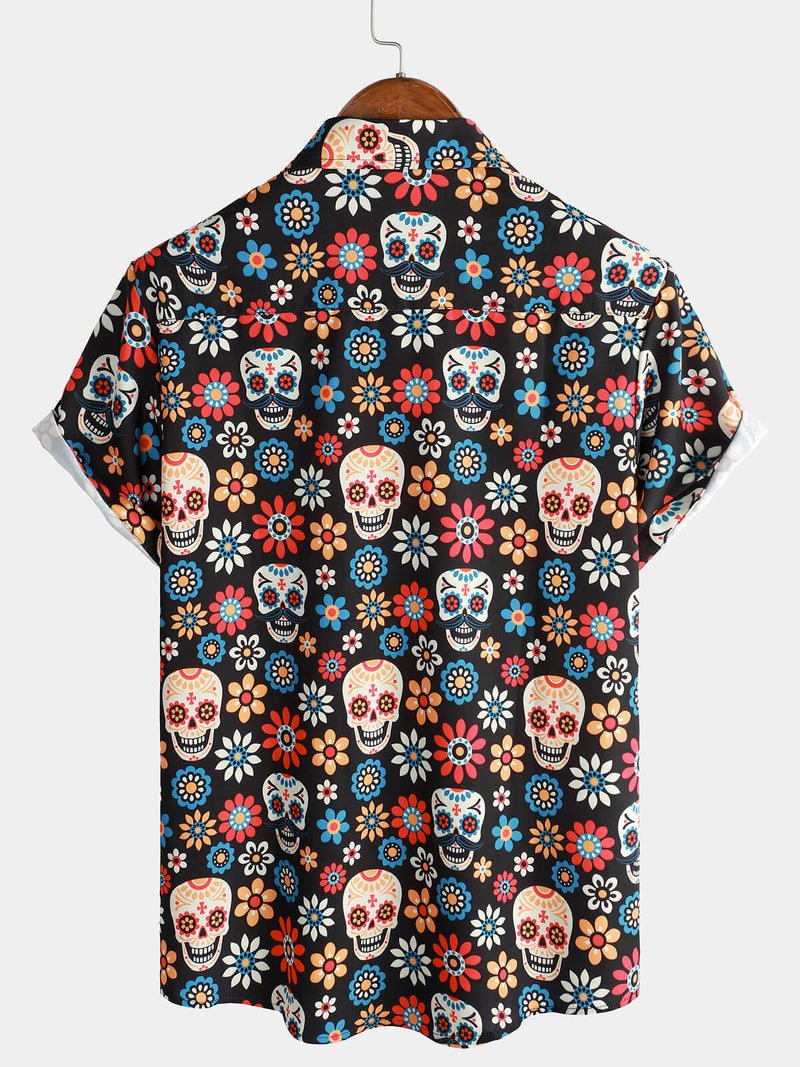 Camisa de manga corta con estampado punk rock y calaveras de verano para hombre