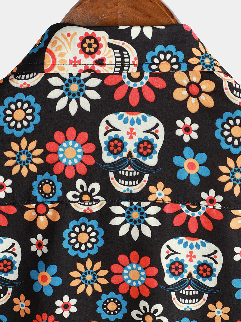 Camisa de manga corta con estampado punk rock y calaveras de verano para hombre