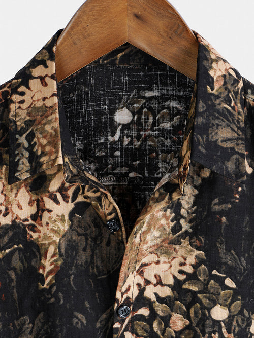 Camisa de manga corta con botones y estampado de plantas retro de verano para hombre