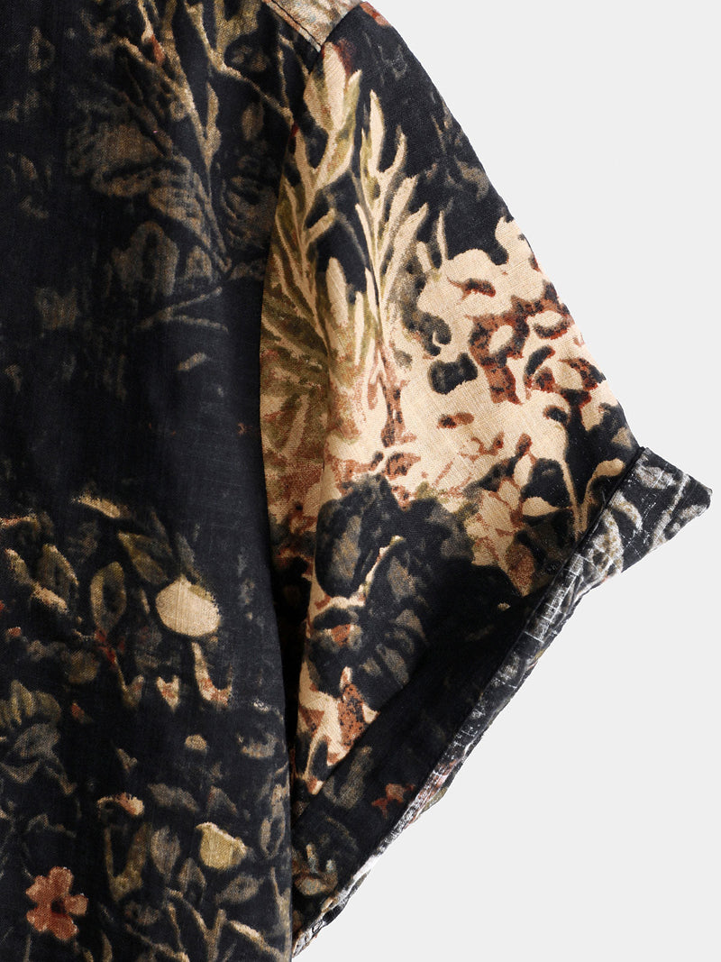 Camisa de manga corta con botones y estampado de plantas retro de verano para hombre
