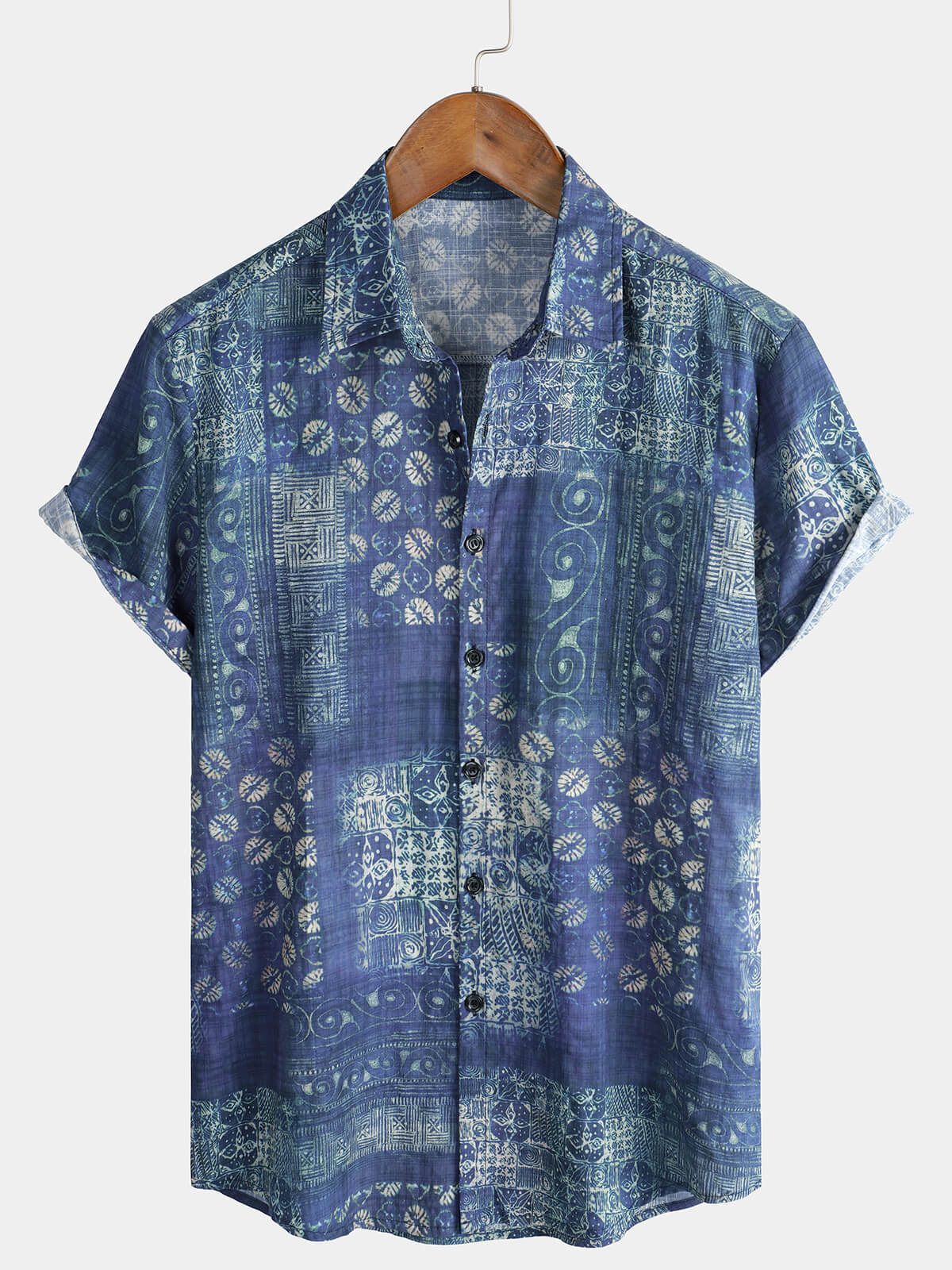 Camisa de verano de manga corta estilo playero vintage azul para hombre