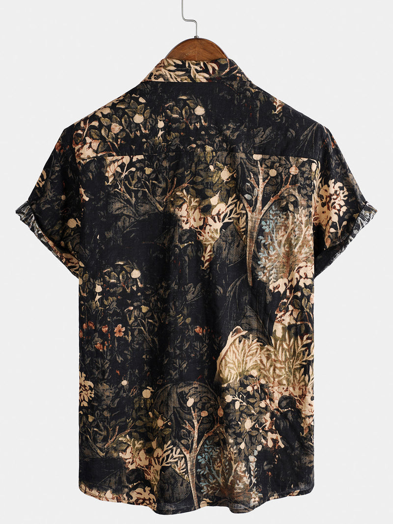 Camisa de manga corta con botones y estampado de plantas retro de verano para hombre