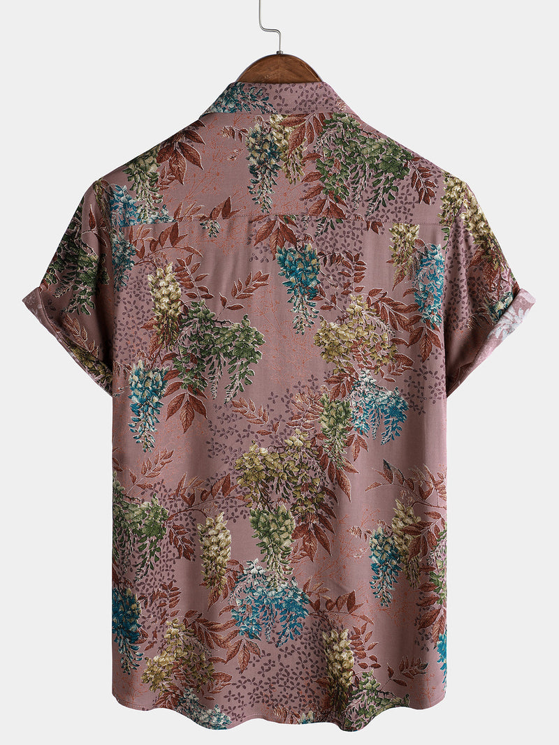 Camisa de manga corta de rayón de verano con estampado retro para hombre