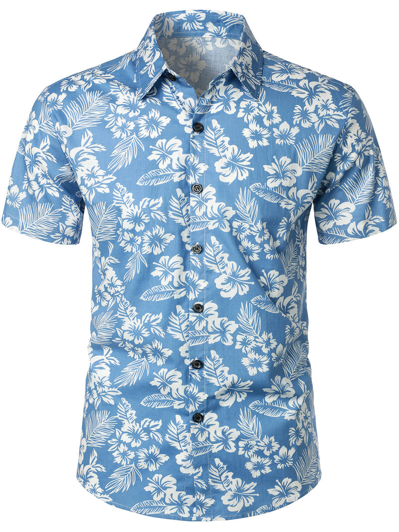 Camisa Aloha de manga corta para hombres de algodón con estampado tropical de hojas y flores azules