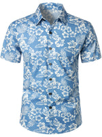 Camisa hawaiana de manga corta con botones de algodón y hojas tropicales con estampado floral azul para hombre