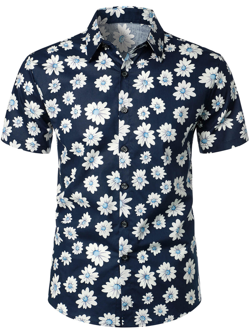 Camisa de algodón hawaiana tropical con estampado floral de margaritas para hombre