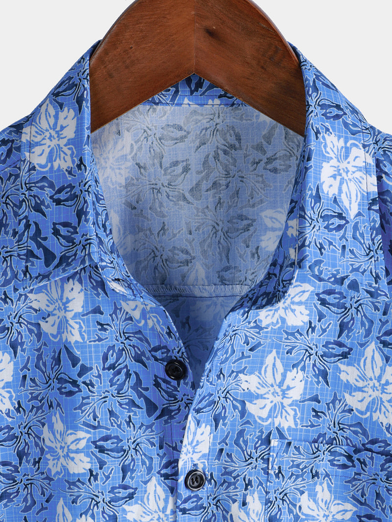 Camisa playera de algodón con estampado floral tropical de manga corta para hombre