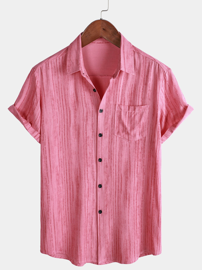 Camisa de manga corta transpirable con bolsillo y rayas rosas para hombre