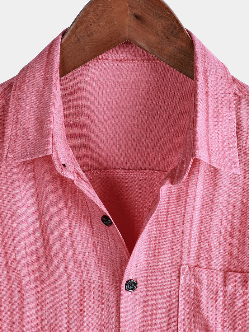 Camisa de manga corta transpirable con bolsillo y rayas rosas para hombre