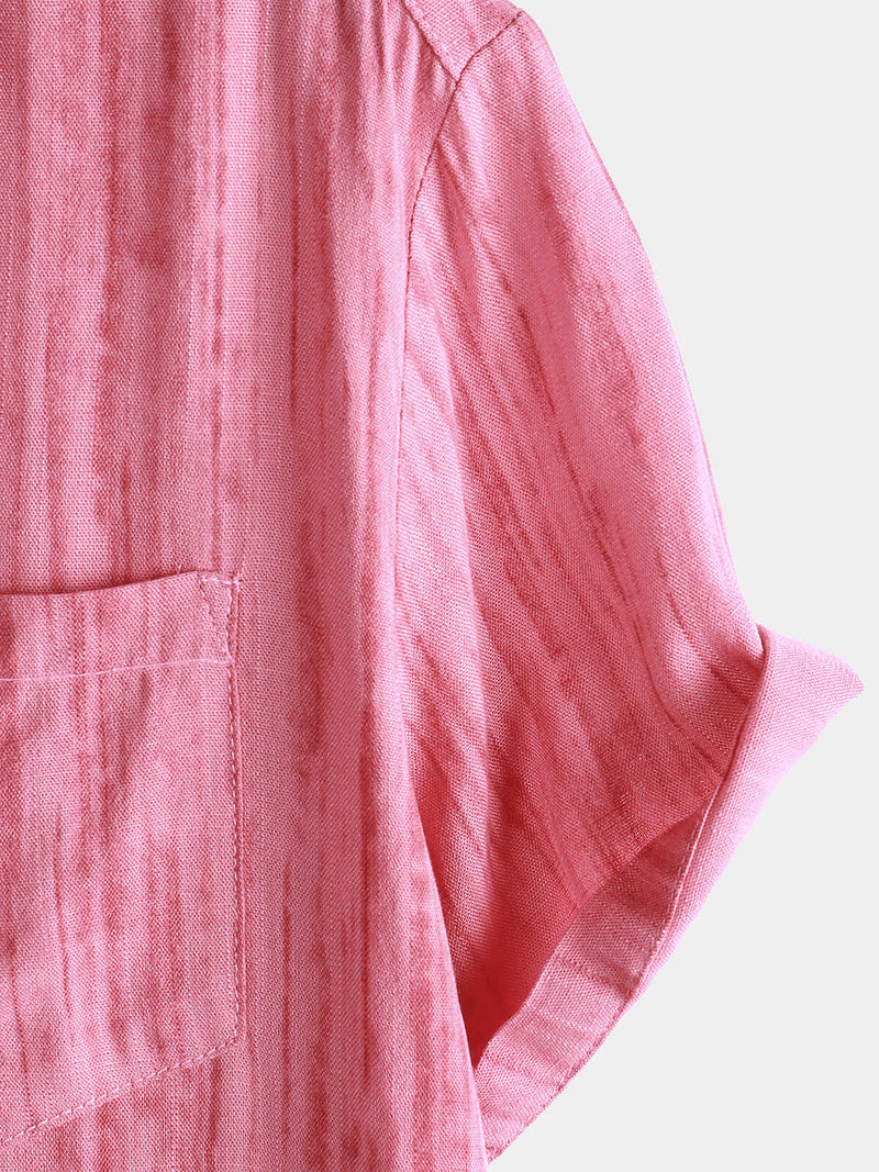 Camisa de manga corta transpirable con bolsillo y rayas rosas para hombre