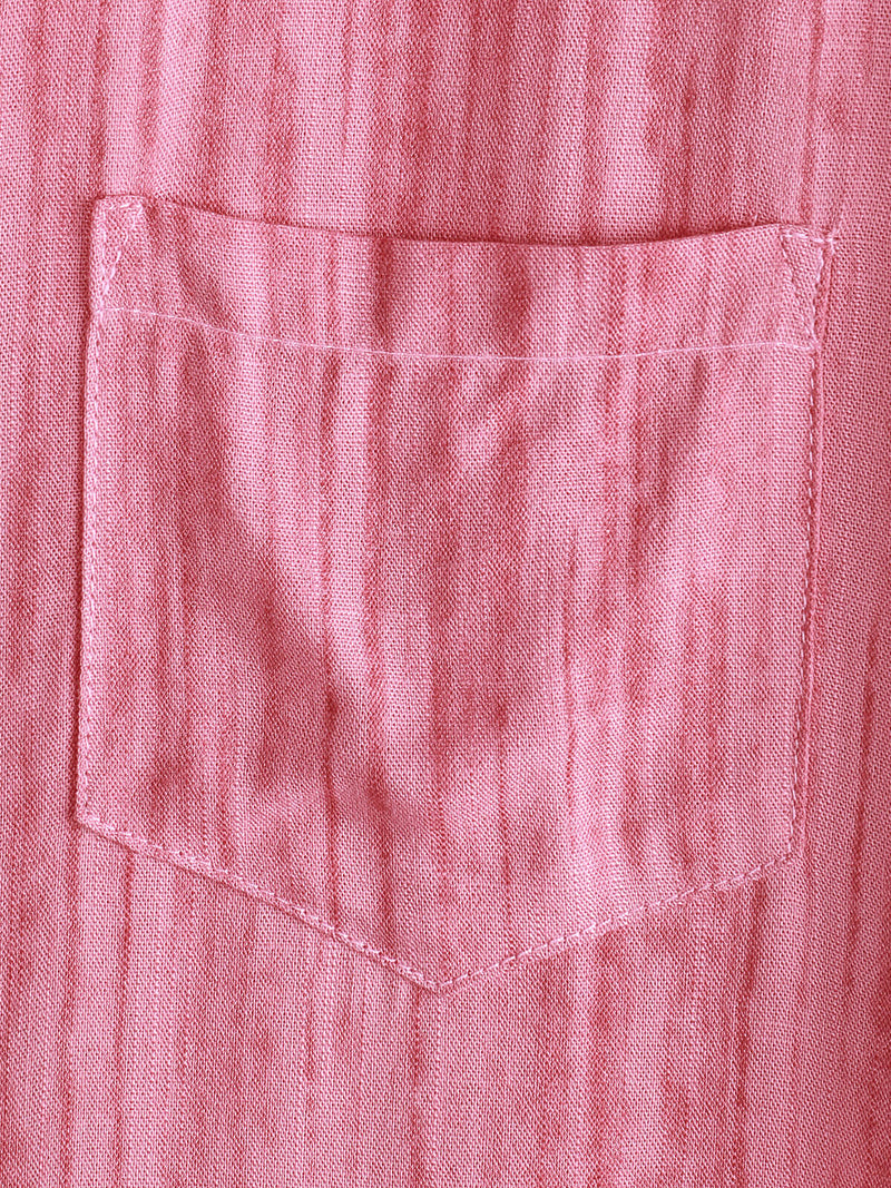 Camisa de manga corta transpirable con bolsillo y rayas rosas para hombre