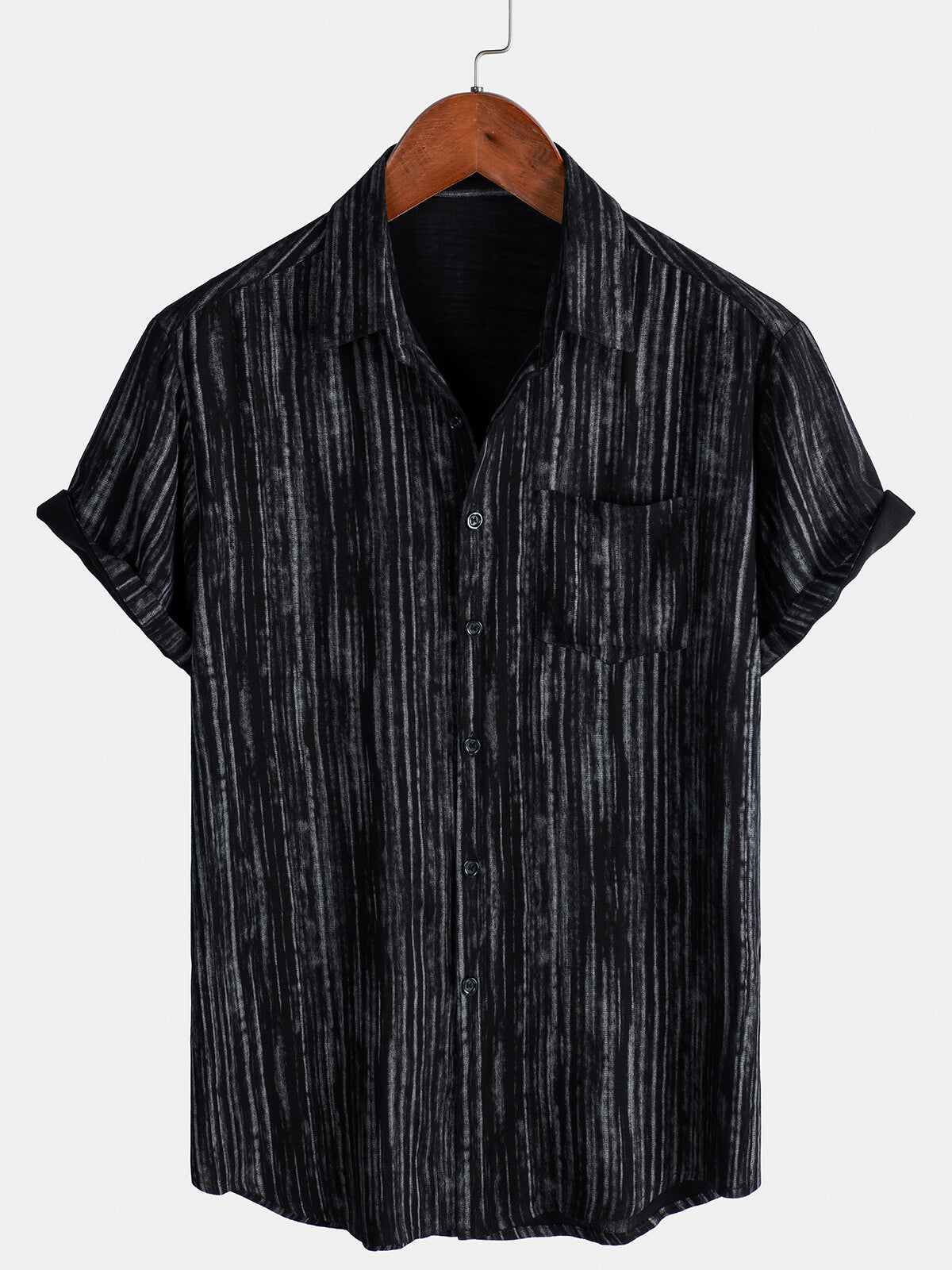 Camisa de manga corta transpirable con bolsillo y rayas negras para hombre