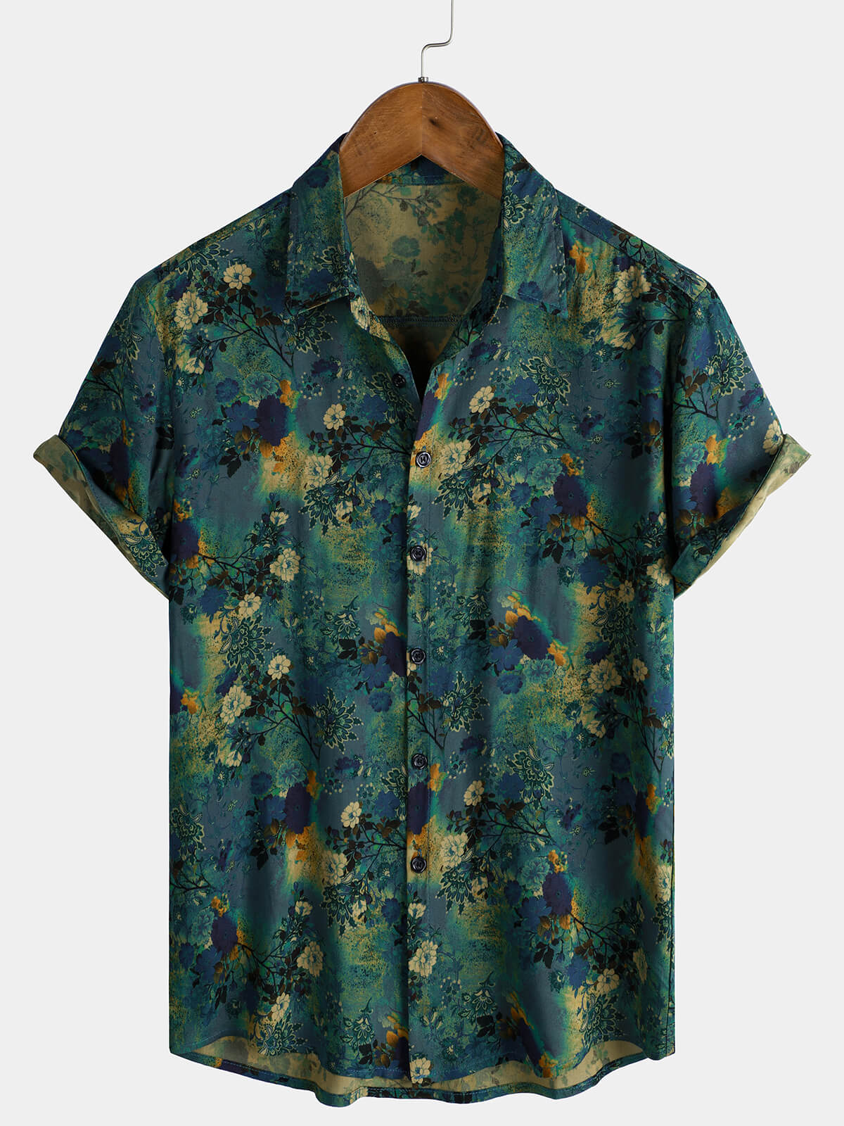Camisa de manga corta de rayón con estampado floral retro para hombre