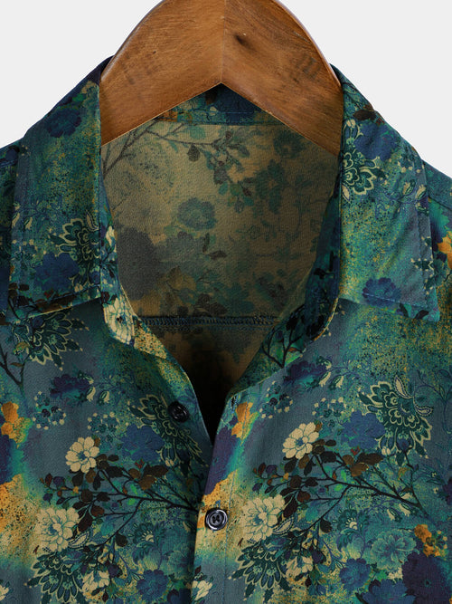Camisa de manga corta de rayón con estampado floral retro para hombre