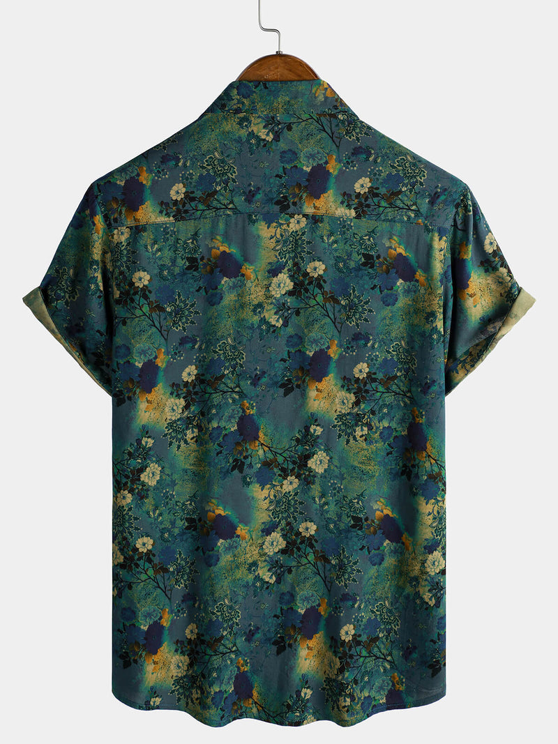 Camisa de manga corta de rayón con estampado floral retro para hombre