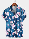 Camisa de resort de verano de manga corta en azul marino con estampado floral y solapa para hombres ideal para ocasiones casuales