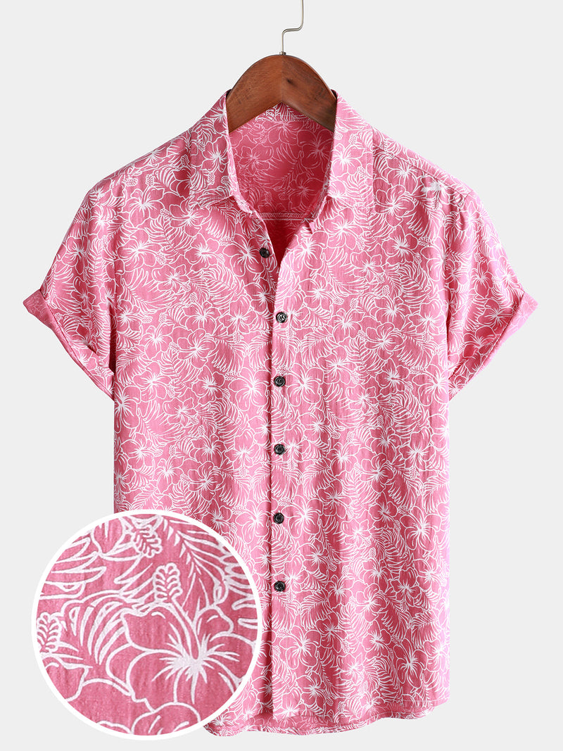 Camisa de algodón de manga corta con estampado floral rosa para hombre