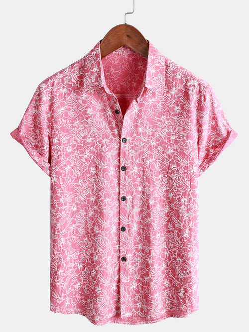 Camisa de hombre de manga corta estilo hawaiano rosa con estampado floral de flores para vacaciones, de algodón y con botones.