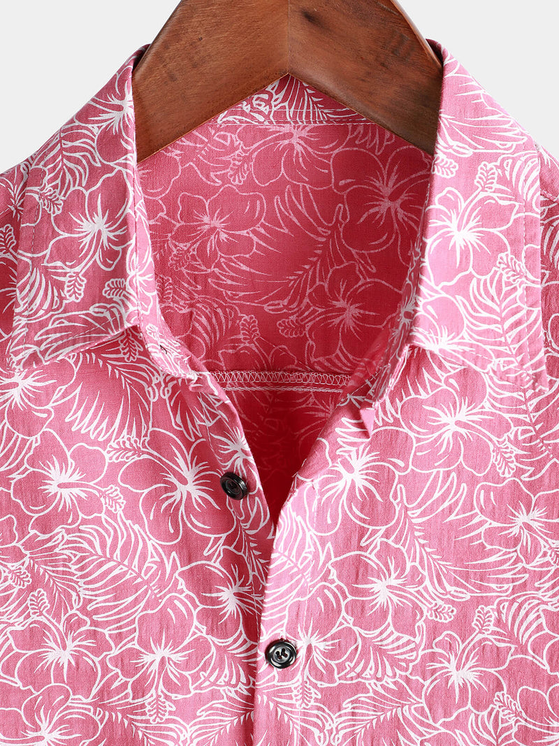 Camisa de algodón de manga corta con estampado floral rosa para hombre