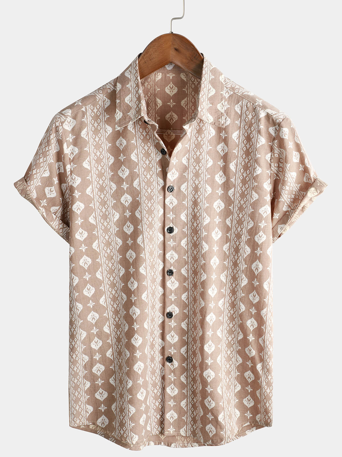 Camisa retro de algodón con botones y manga corta a rayas marrones de los años 70 para hombre