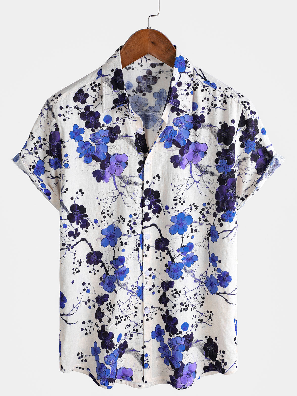 Camisa de manga corta retro de verano con estampado floral azul para hombre