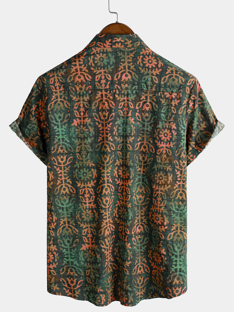 Camisa de verano de manga corta con estampado retro para hombre