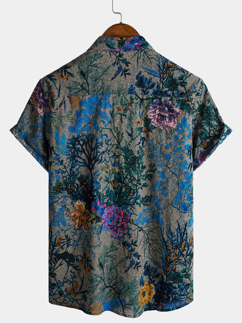Camisa de manga corta transpirable con estampado floral retro para hombre