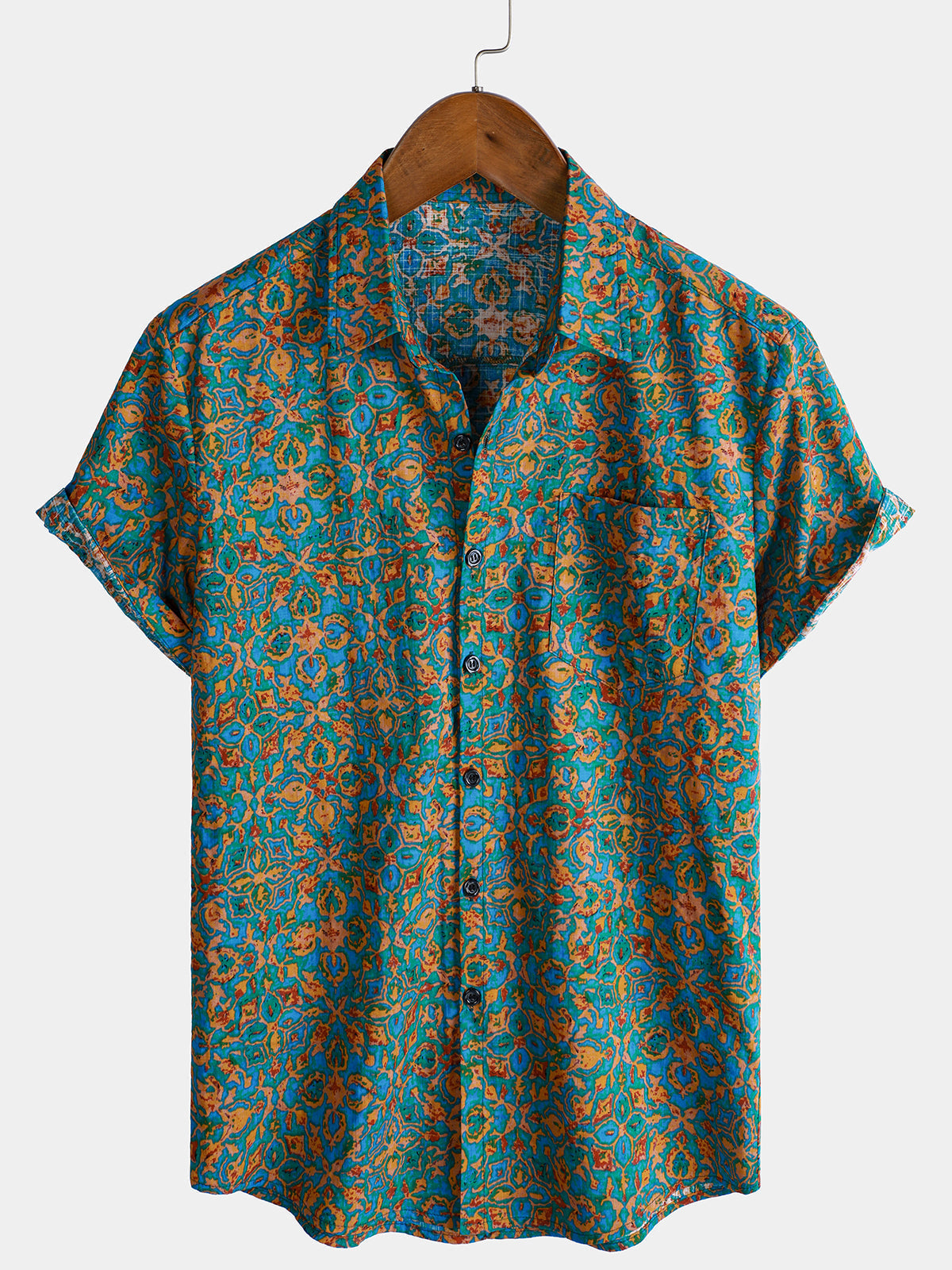 Camisa retro de manga corta con botones y bolsillo abstracto y elegante para hombre