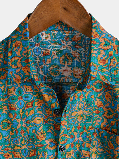 Camisa retro de manga corta con botones y bolsillo abstracto y elegante para hombre