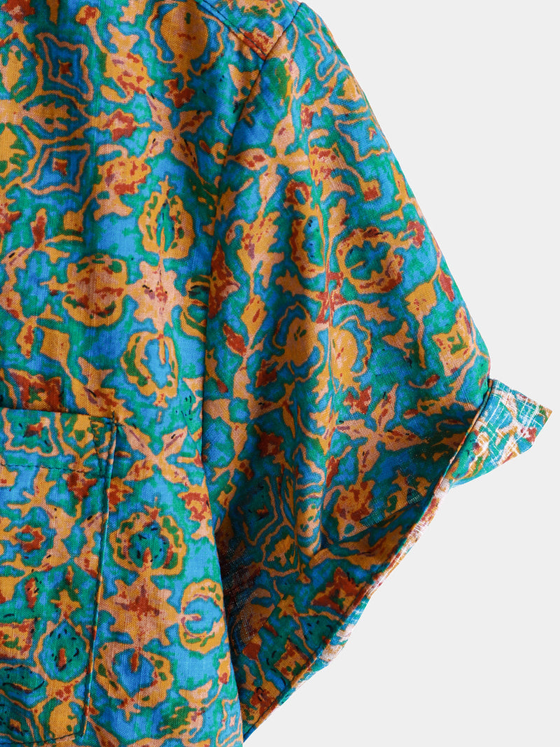 Camisa retro de manga corta con botones y bolsillo abstracto y elegante para hombre