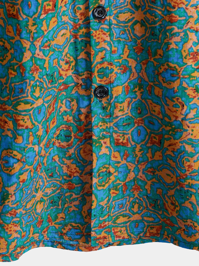 Camisa retro de manga corta con botones y bolsillo abstracto y elegante para hombre