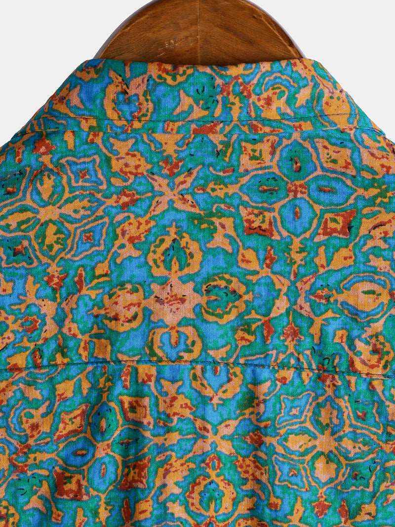 Camisa retro de manga corta con botones y bolsillo abstracto y elegante para hombre