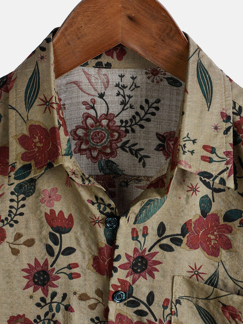 Camisa retro ligera de manga corta con estampado floral para hombre