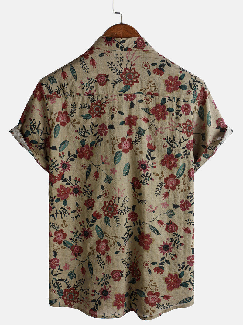 Camisa retro ligera de manga corta con estampado floral para hombre