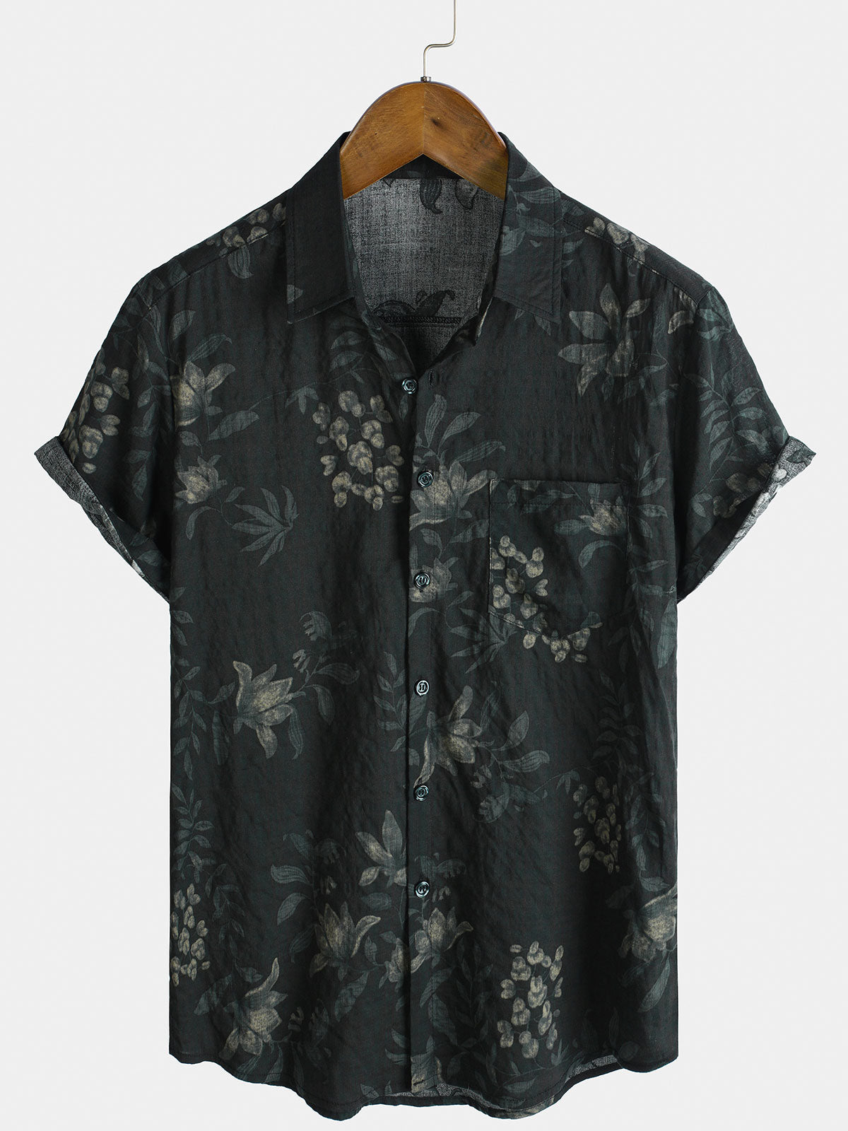 Camisa de manga corta con bolsillo transpirable y diseño floral vintage para hombre