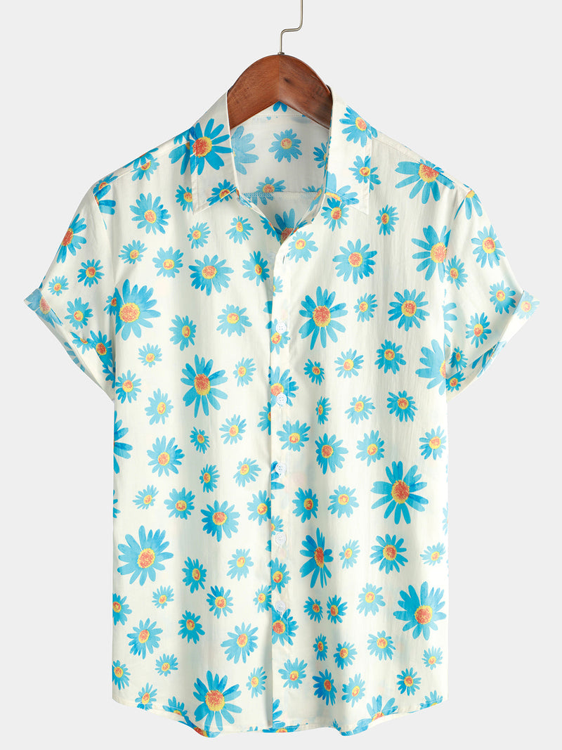 Camisa floral de manga corta para hombres con estampado de margaritas azules