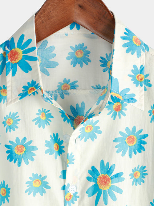 Camisa floral de manga corta para hombres con estampado de margaritas azules