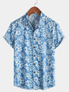 Camisa Aloha de manga corta para hombres de algodón con estampado tropical de hojas y flores azules