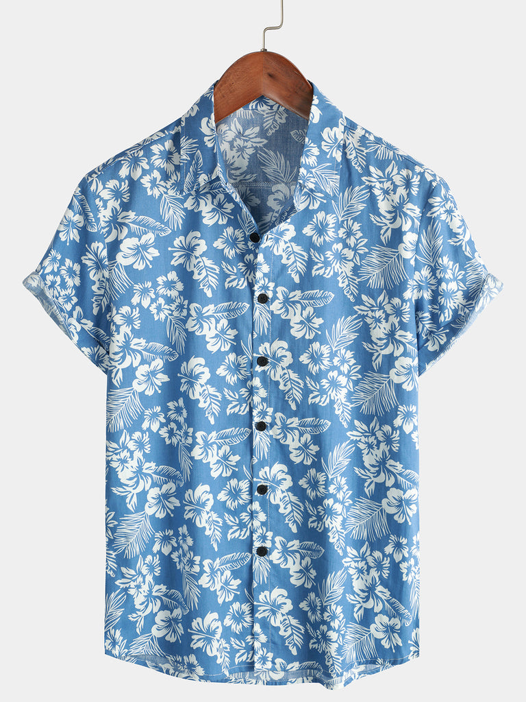 Camisa Aloha de manga corta para hombres de algodón con estampado tropical de hojas y flores azules