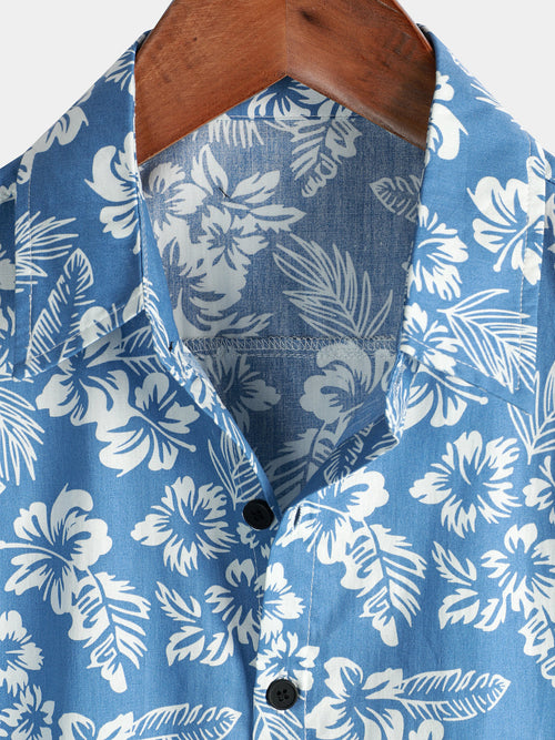 Camisa Aloha de manga corta para hombres de algodón con estampado tropical de hojas y flores azules