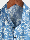 Camisa hawaiana de manga corta con botones de algodón y hojas tropicales con estampado floral azul para hombre