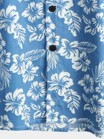 Camisa Aloha de manga corta para hombres de algodón con estampado tropical de hojas y flores azules