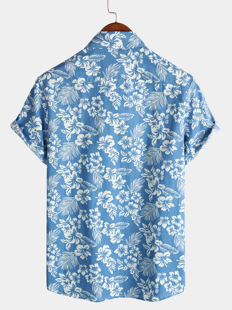 Camisa Aloha de manga corta para hombres de algodón con estampado tropical de hojas y flores azules