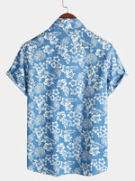 Camisa hawaiana de manga corta con botones de algodón y hojas tropicales con estampado floral azul para hombre