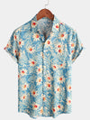 Camisa hawaiana de algodón con estampado floral azul retro para hombre