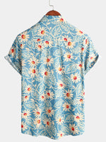 Camisa hawaiana de algodón con estampado floral azul retro para hombre